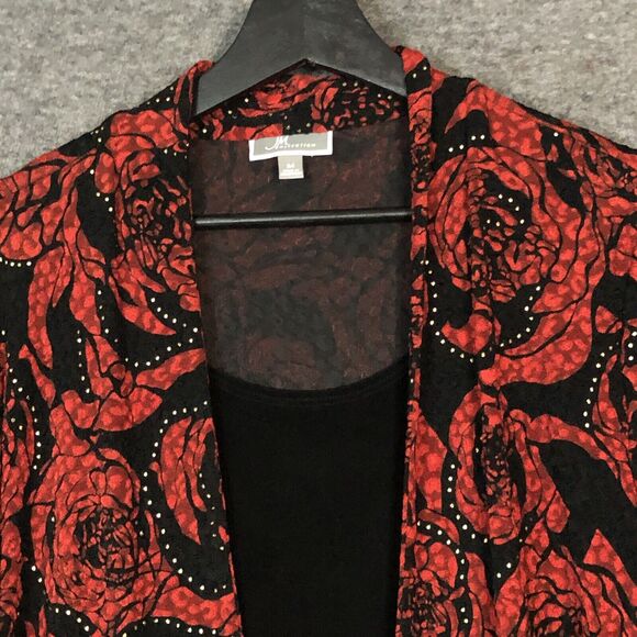 JM Collection Jacket Women M Red Black Cardigan Sparkling Rose Layered Look Top - Picture 2 of 11